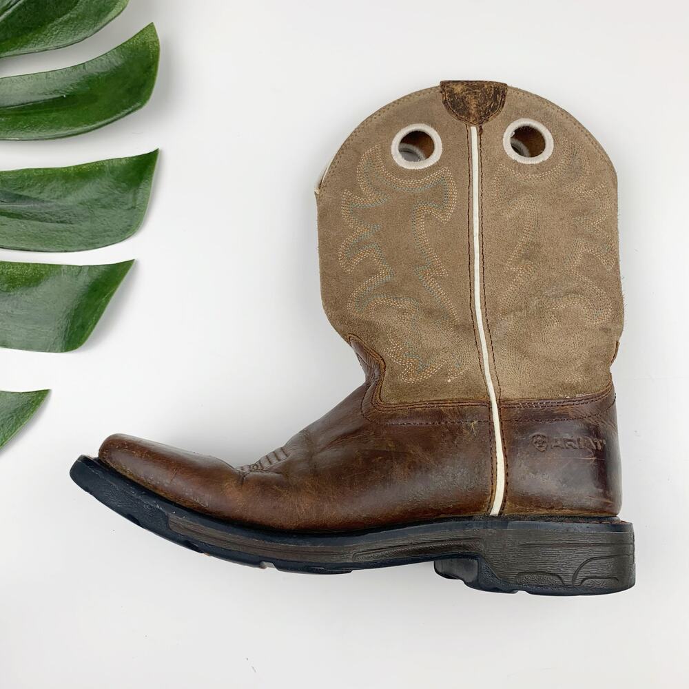 Ariat Workhog Boots Square Toe Brown Leather Suede Western Work Youth Kids 4.5 - Picture 9 of 14
